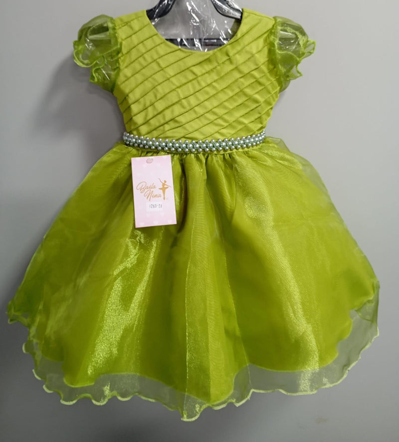 Vestido Infantil Verde Oliva C/ Busto Plissado e Pérolas