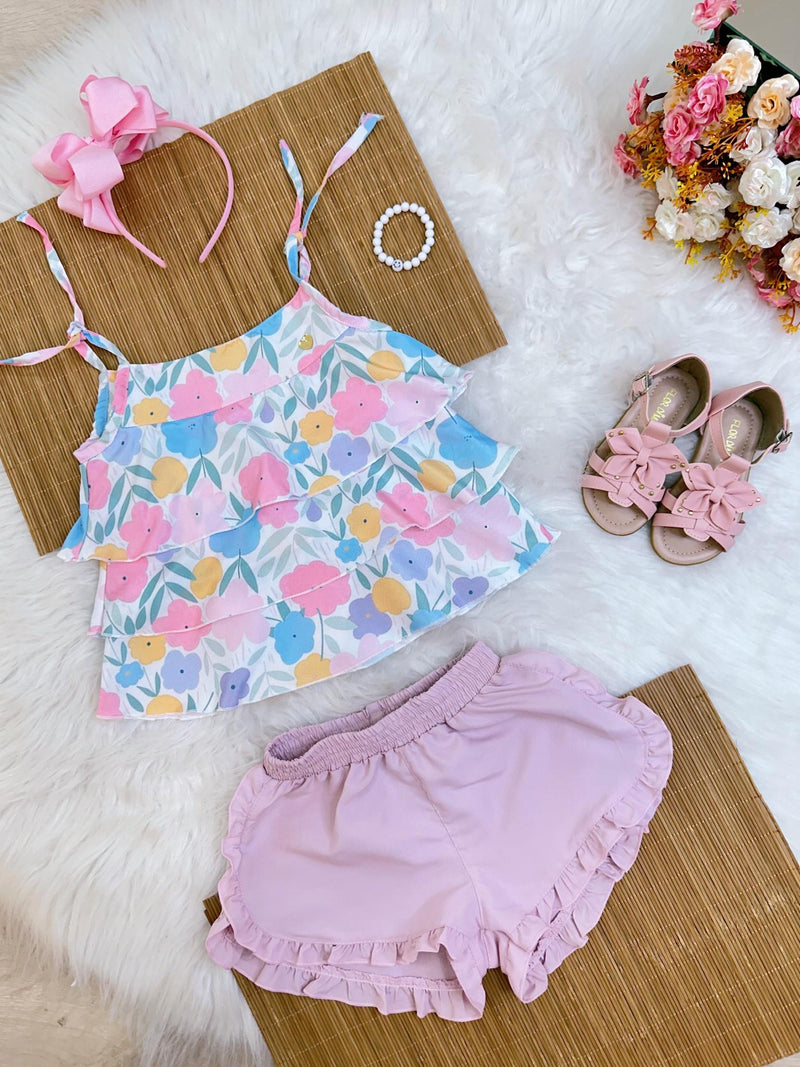 Conjunto Meninas Branco Florido C/ Short Rosa Bebê e Pulseira