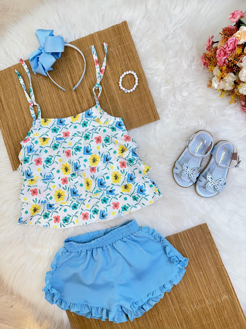 Conjunto Meninas Branco Florido C/ Short Azul Bebê e Pulseira