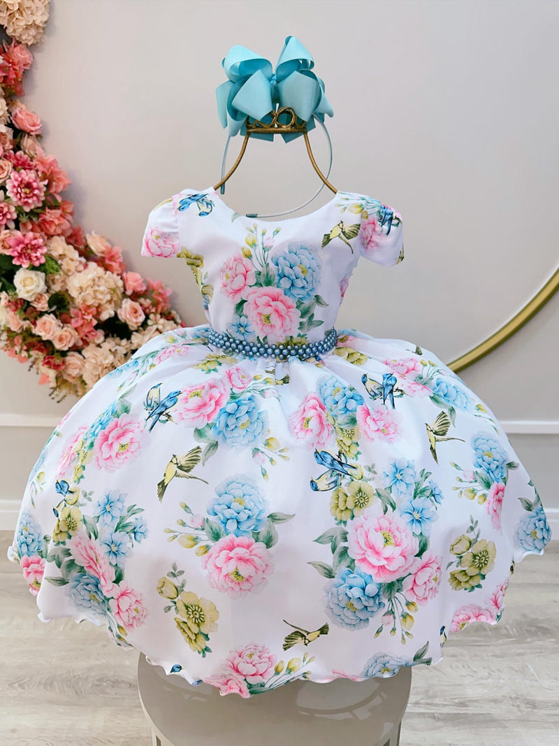 Vestido Infantil Branco Jardim dos Pássaros C/ Pérolas Luxo