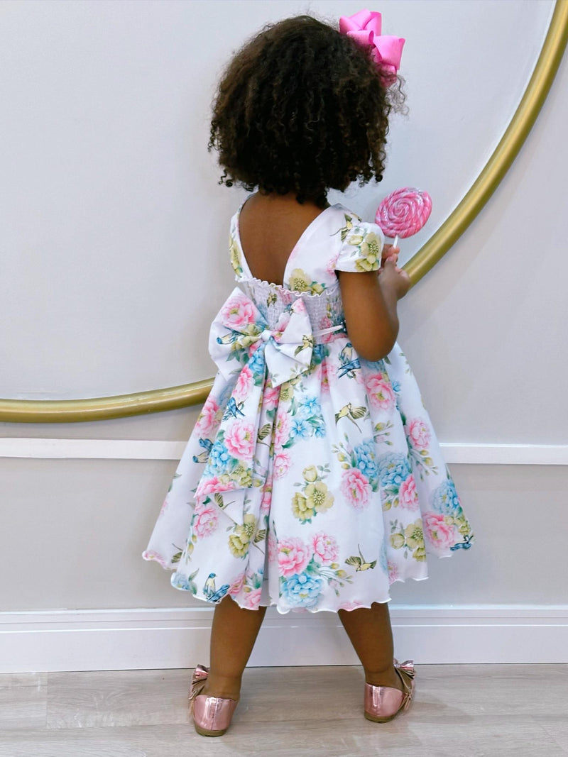 Vestido Infantil Branco Jardim dos Pássaros C/ Pérolas Luxo