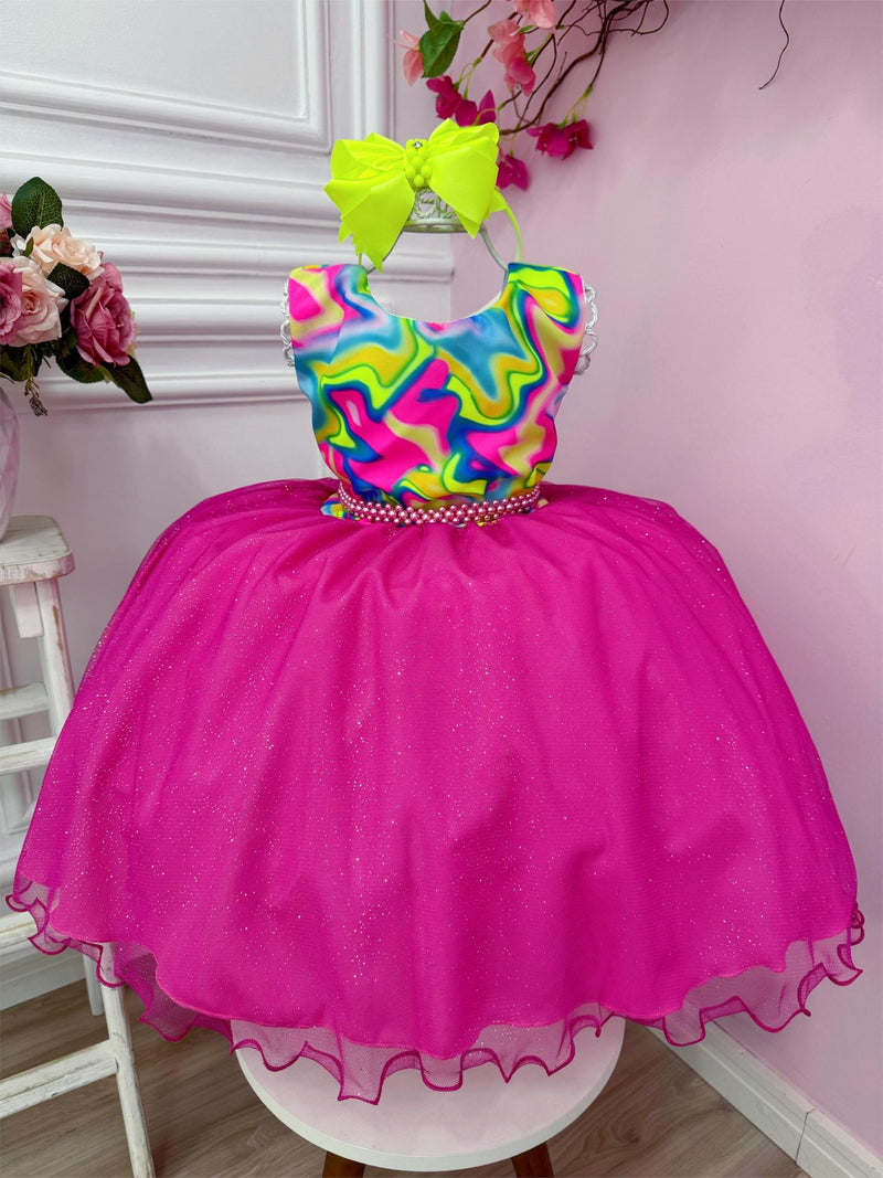 Vestido Infantil Barbie Colorido Neon Saia Rosa C/ Glitter