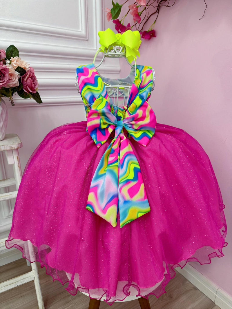 Vestido Infantil Barbie Colorido Neon Saia Rosa C/ Glitter