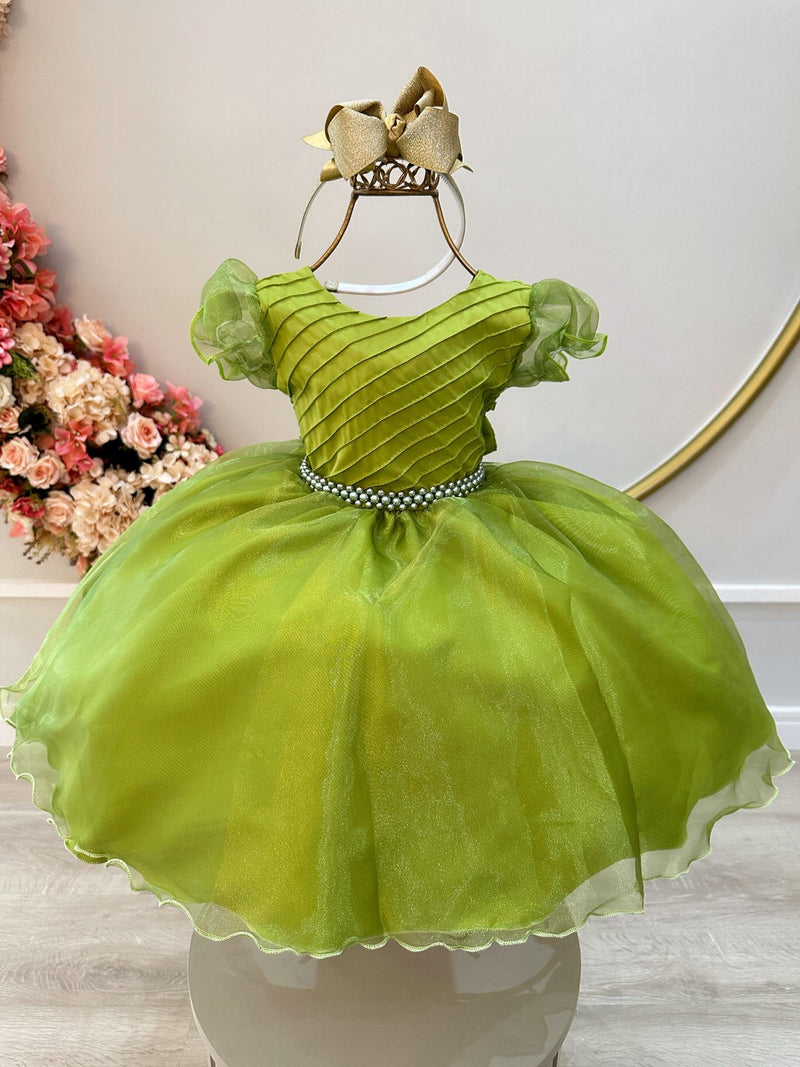 Vestido Infantil Verde Oliva C/ Busto Plissado e Pérolas