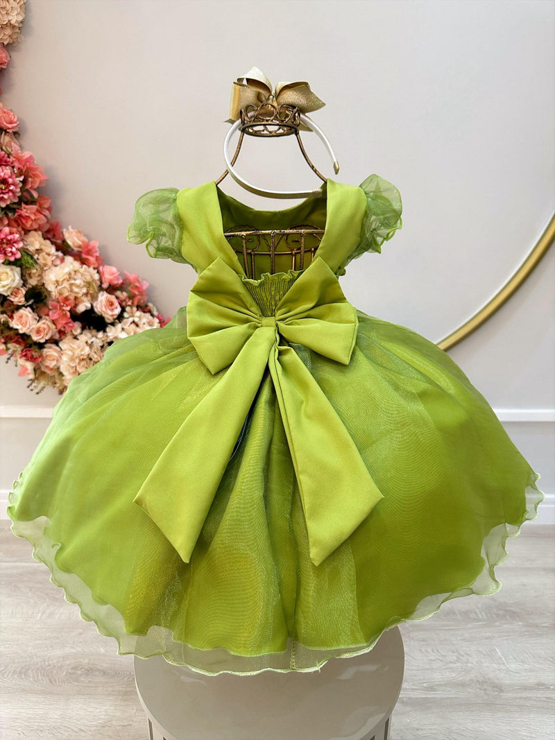 Vestido Infantil Verde Oliva C/ Busto Plissado e Pérolas