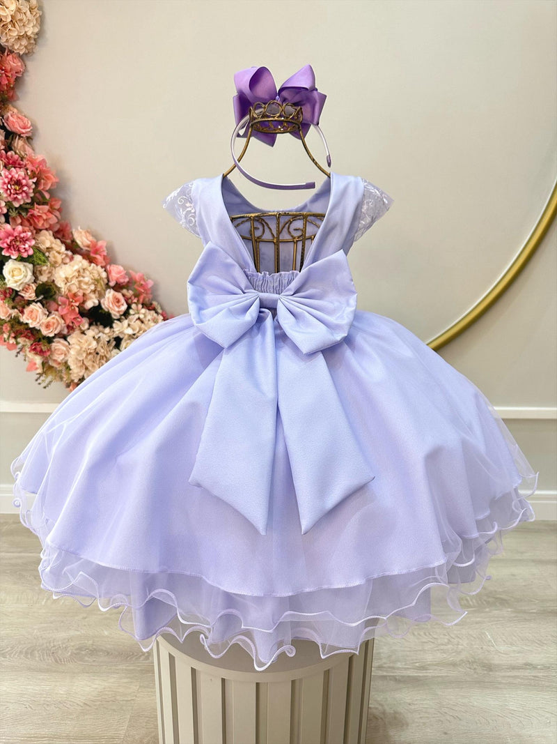 Vestido Infantil Lilás C/ Renda e Aplique de Flor Luxo