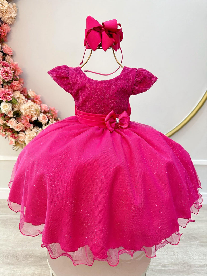 Vestido Infantil Rosa C/ Renda e Aplique de Laço Luxo