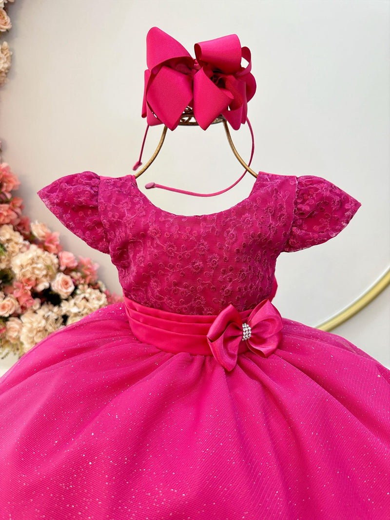 Vestido Infantil Rosa C/ Renda e Aplique de Laço Luxo