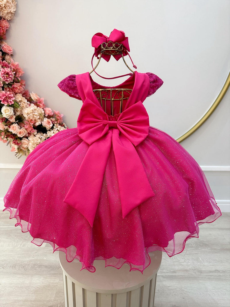 Vestido Infantil Rosa C/ Renda e Aplique de Laço Luxo