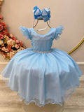 Vestido Infantil Azul Bebê Luxo C/ Cinto de Strass (4217AB)