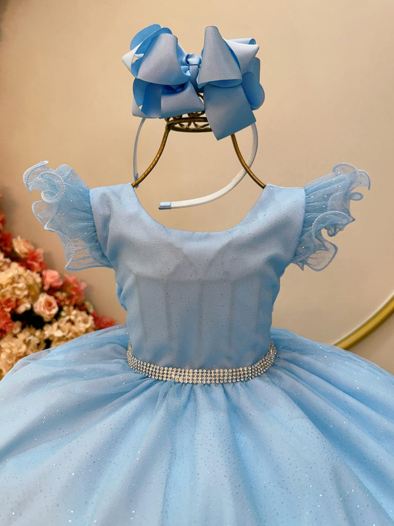 Vestido Infantil Azul Bebê Luxo C/ Cinto de Strass (4217AB)