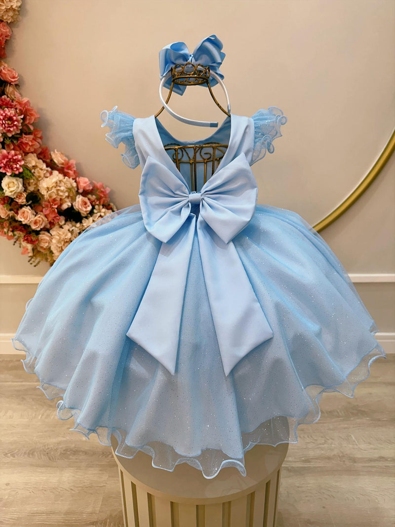 Vestido Infantil Azul Bebê Luxo C/ Cinto de Strass (4217AB)