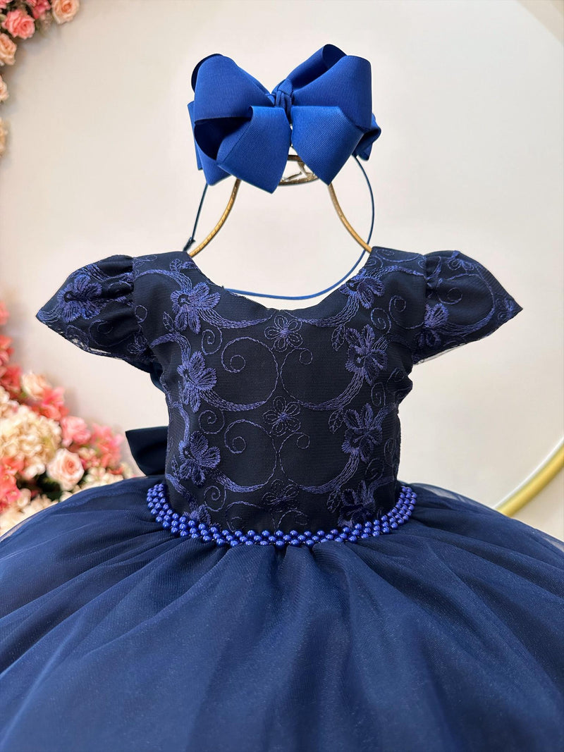 Vestido Infantil Azul Marinho C/ Renda e Cinto de Pérolas