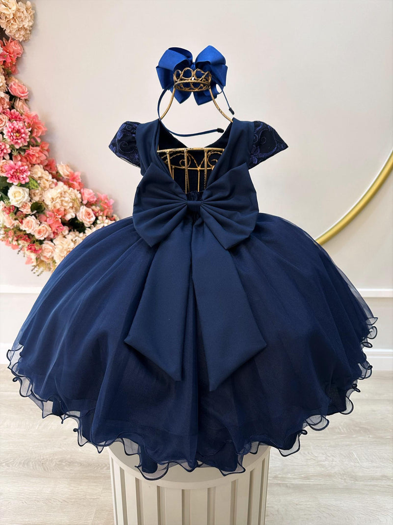 Vestido Infantil Azul Marinho C/ Renda e Cinto de Pérolas