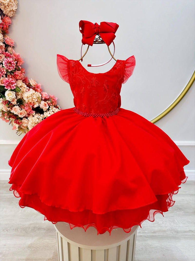 Vestido Infantil Vermelho Luxo C/ Renda e Cinto de Pérolas