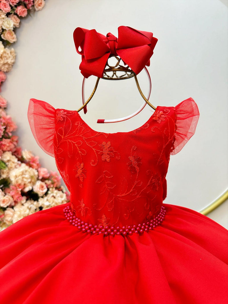 Vestido Infantil Vermelho Luxo C/ Renda e Cinto de Pérolas