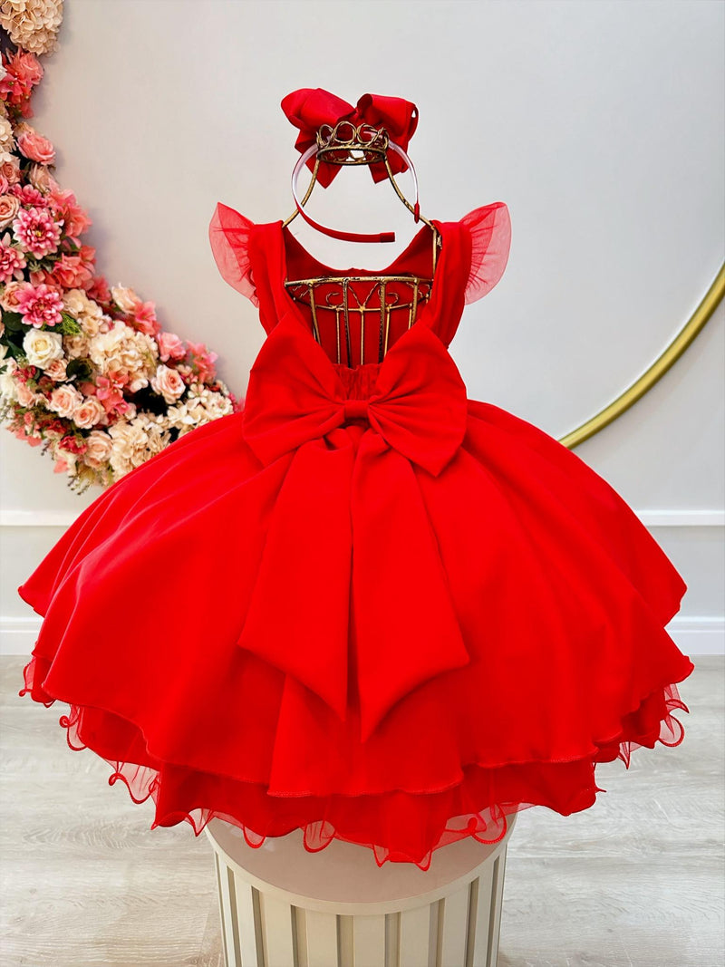 Vestido Infantil Vermelho Luxo C/ Renda e Cinto de Pérolas