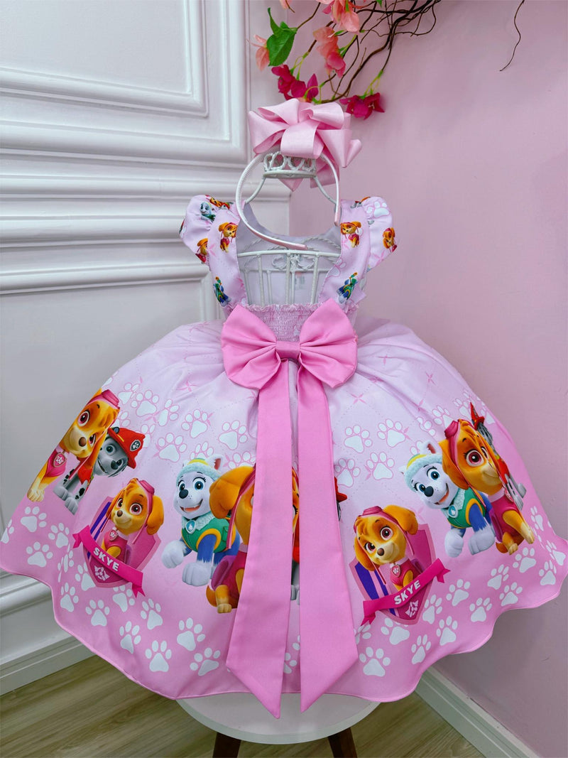 Vestido Infantil Patrulha Canina Rosa C/ Cinto de Pérolas