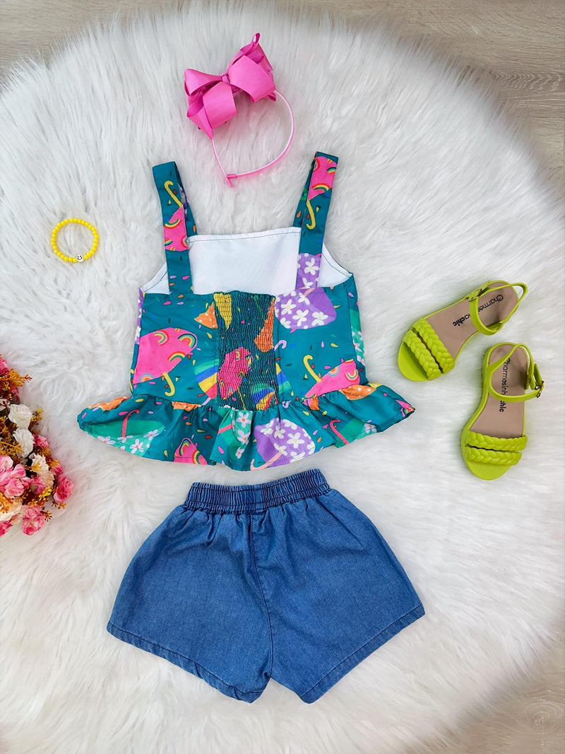 Conjunto Meninas Verde Colorido C/ Short Jeans e Pulseira