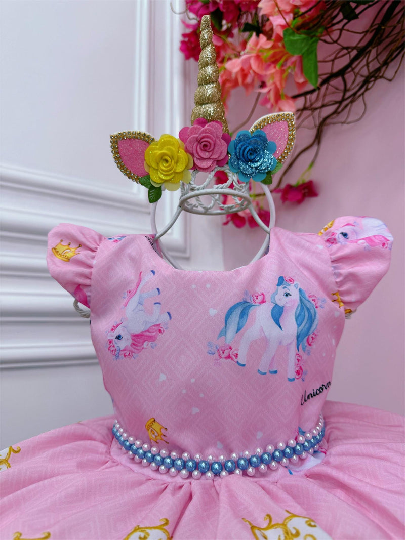 Vestido Infantil Unicórnio Rosa Com Cinto de Pérolas Festas