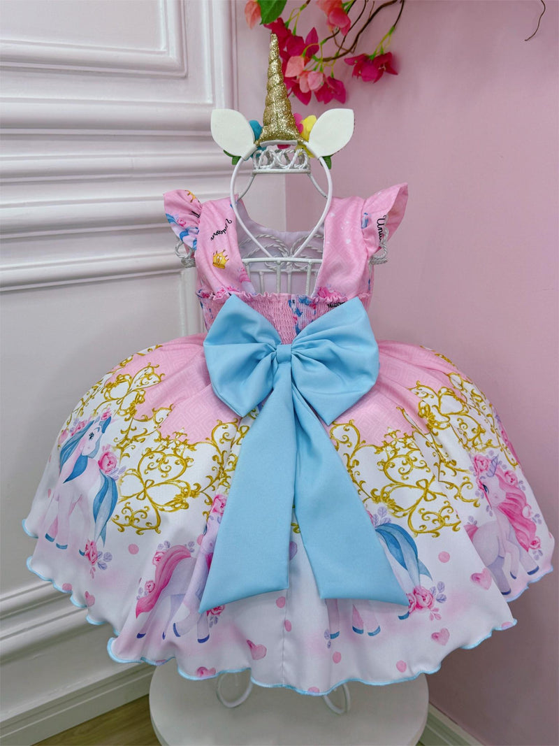 Vestido Infantil Unicórnio Rosa Com Cinto de Pérolas Festas