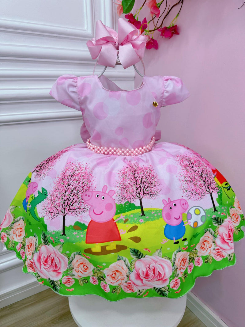 Vestido Infantil Peppa Pig no Parque Rosa Luxo Cinto Pérolas