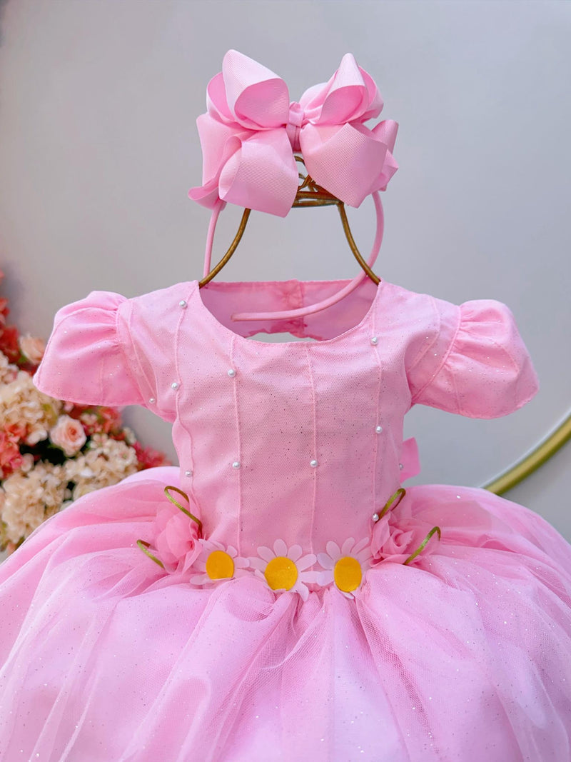 Vestido Infantil Rosa Bebê C/ Aplique de Margaridas Luxo