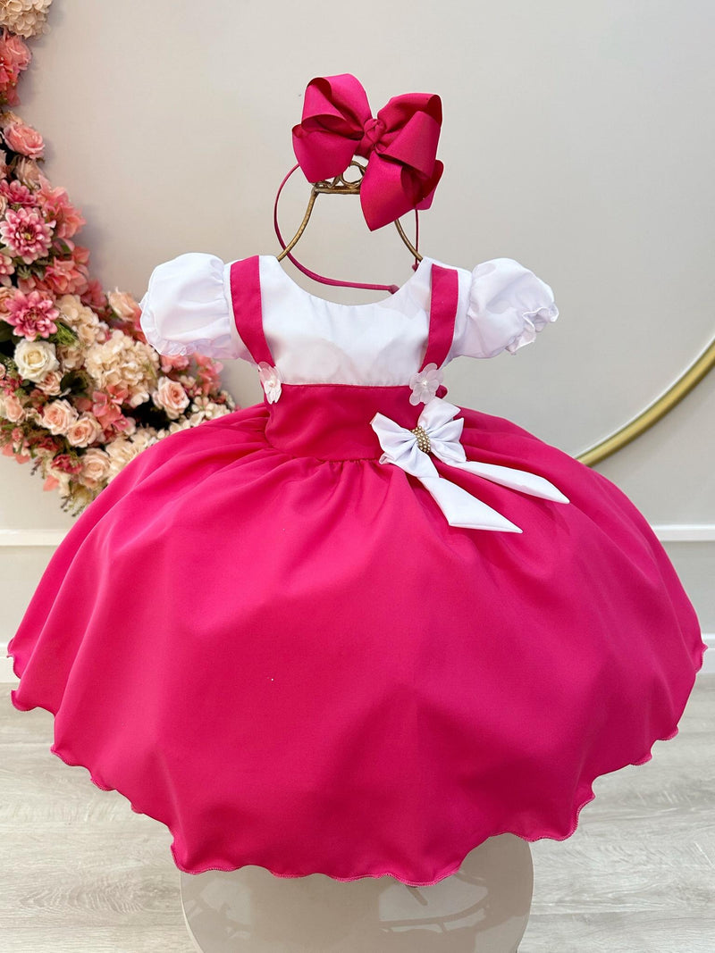 Vestido Infantil Rosa Menina e o Urso C/ Lenço e Broche de Laço