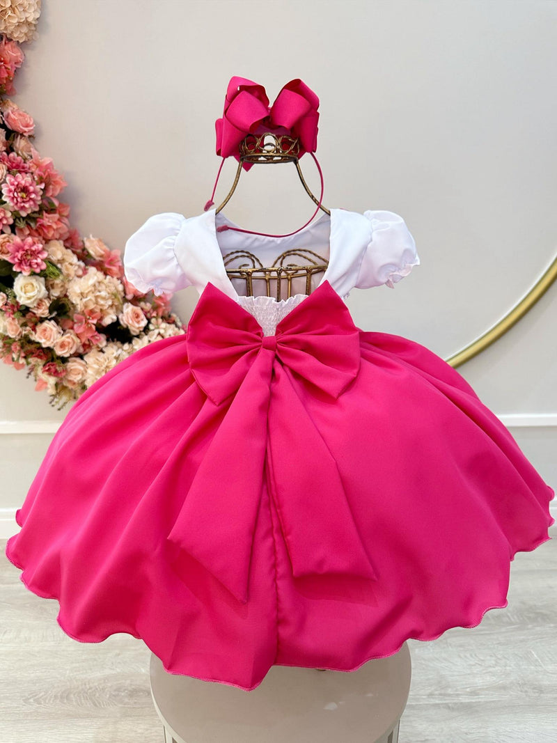 Vestido Infantil Rosa Menina e o Urso C/ Lenço e Broche de Laço