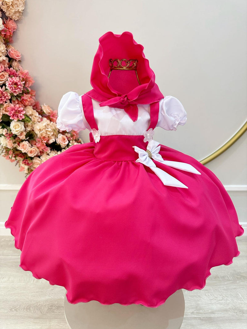 Vestido Infantil Rosa Menina e o Urso C/ Lenço e Broche de Laço