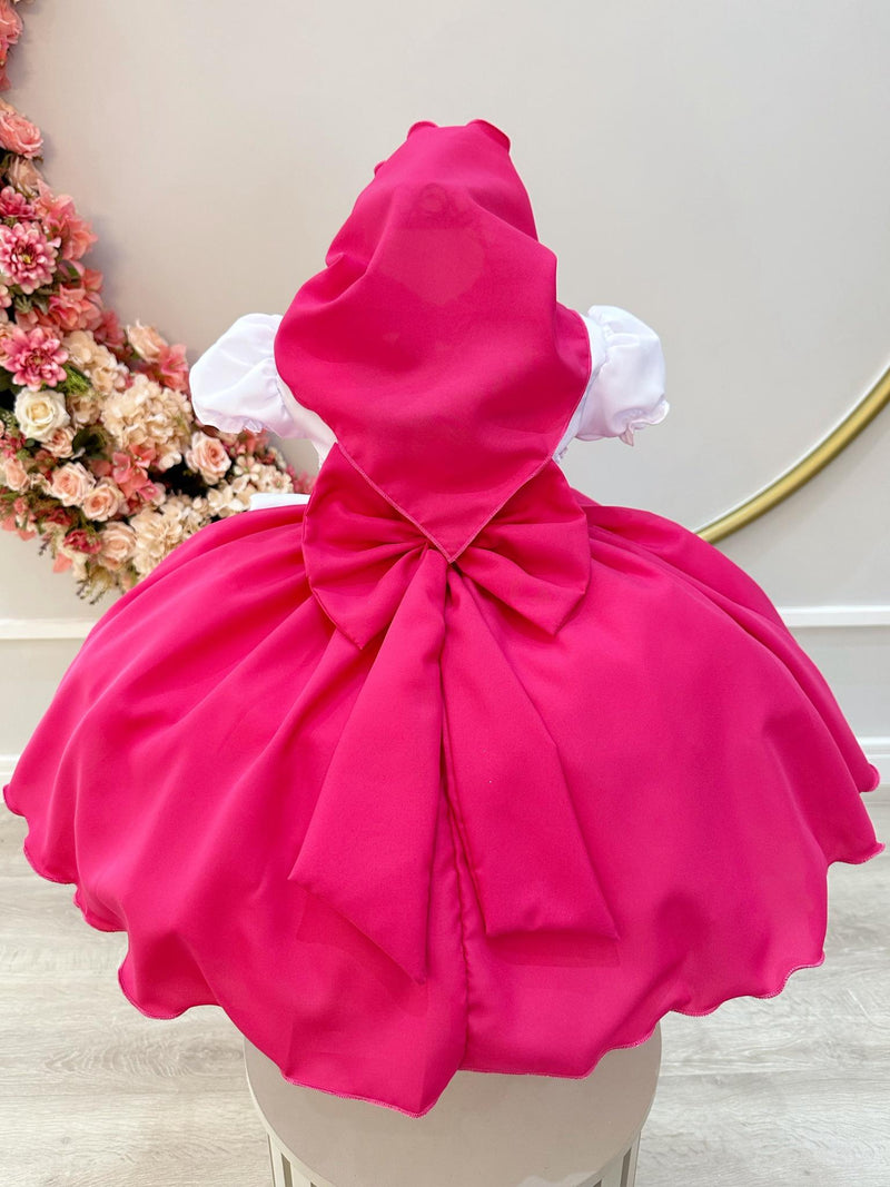 Vestido Infantil Rosa Menina e o Urso C/ Lenço e Broche de Laço