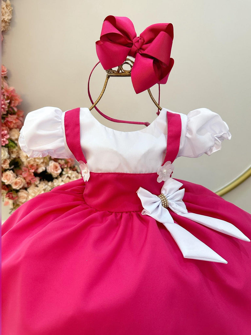 Vestido Infantil Rosa Menina e o Urso C/ Lenço e Broche de Laço