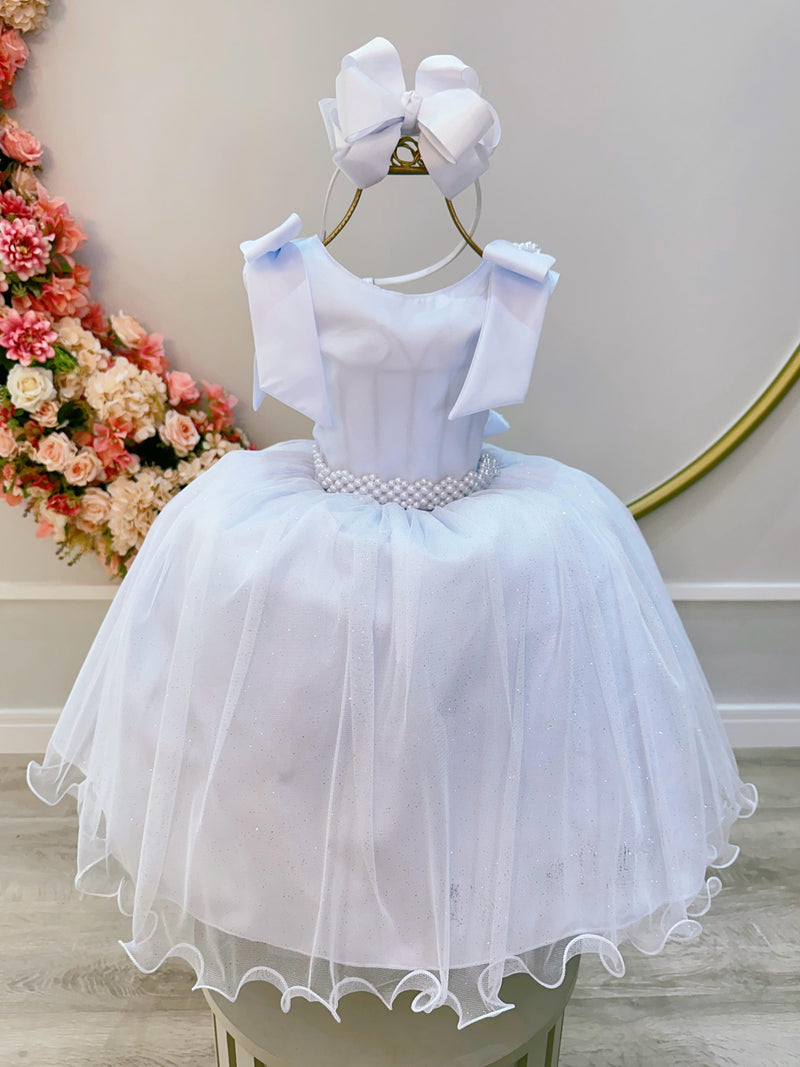 Vestido Infantil Branco C/ Pérolas e Saia Tule Glitter