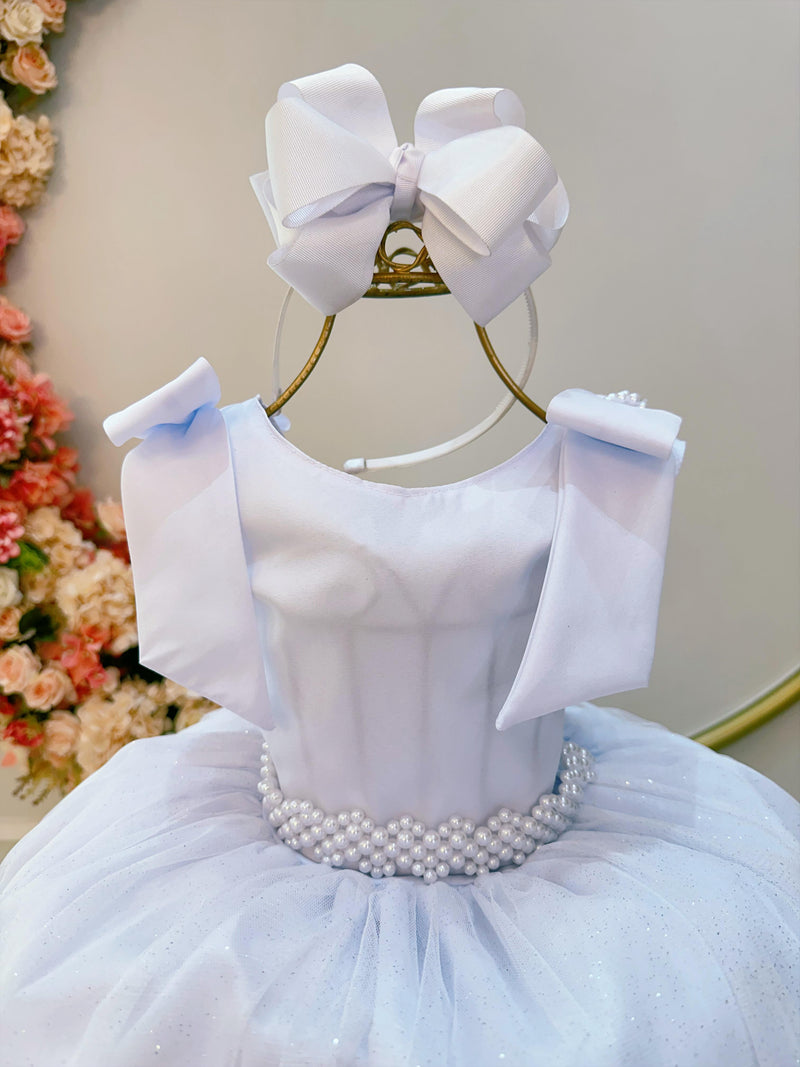 Vestido Infantil Branco C/ Pérolas e Saia Tule Glitter