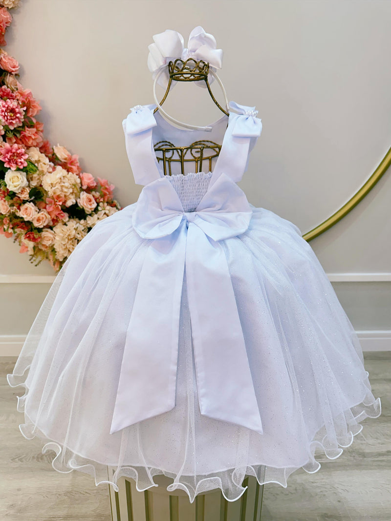 Vestido Infantil Branco C/ Pérolas e Saia Tule Glitter