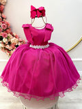 Vestido Infantil Rosa C/ Pérolas e Saia Tule Glitter