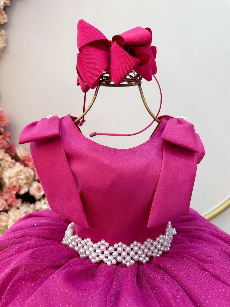 Vestido Infantil Rosa C/ Pérolas e Saia Tule Glitter