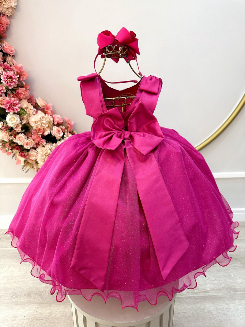 Vestido Infantil Rosa C/ Pérolas e Saia Tule Glitter