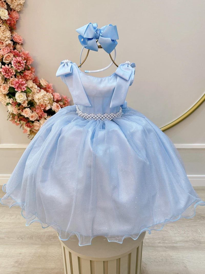 Vestido Infantil Azul Claro C/ Pérolas e Saia Tule Glitter