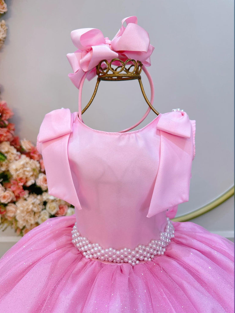 Vestido Infantil Rosa Bebê C/ Pérolas e Saia Tule Glitter