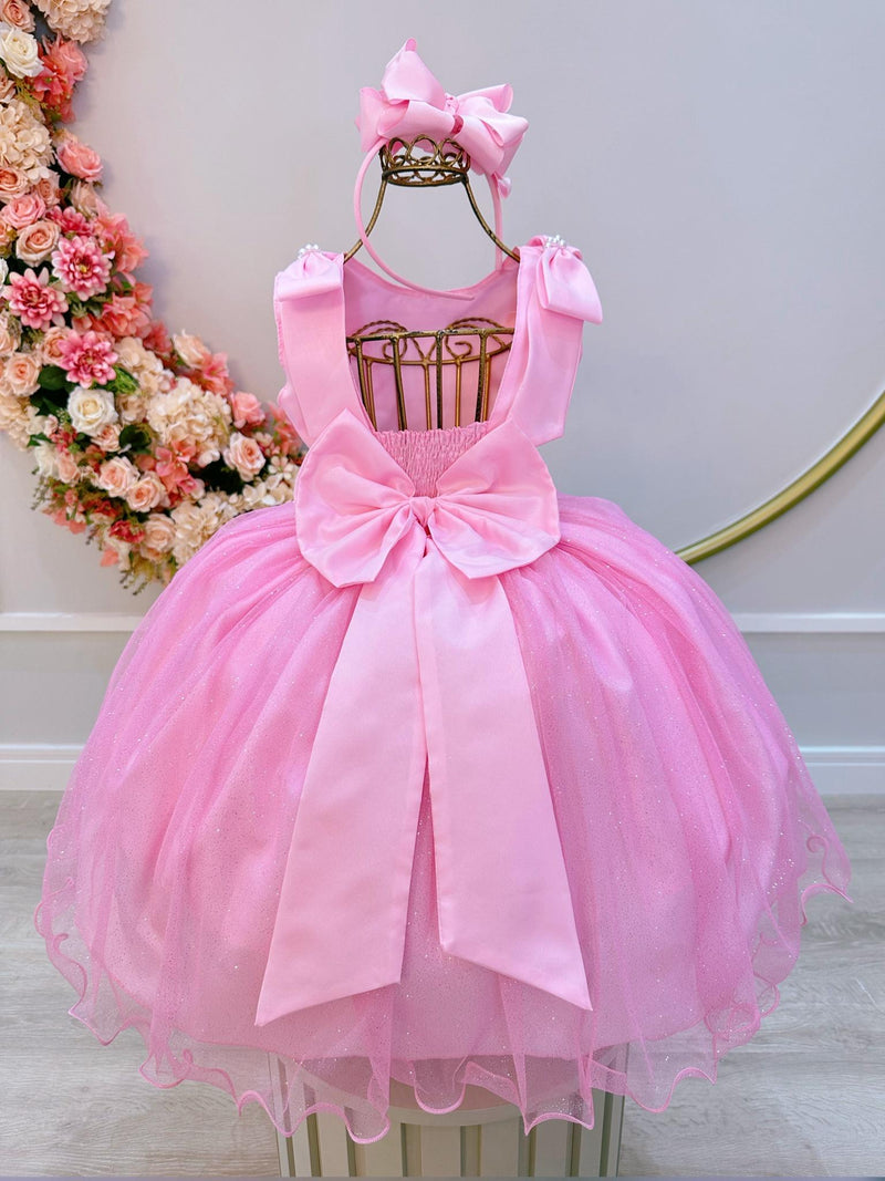 Vestido Infantil Rosa Bebê C/ Pérolas e Saia Tule Glitter