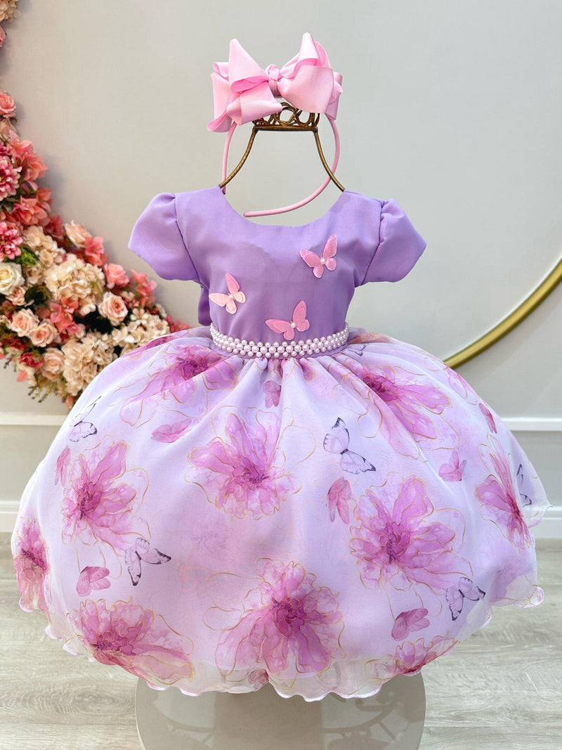 Vestido Infantil Lilás Saia Tule Florido C/ Apliques Borboletas