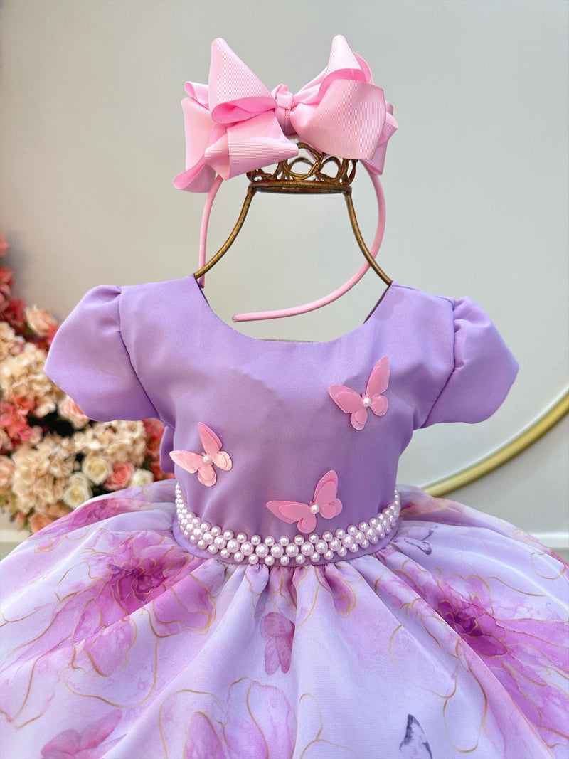 Vestido Infantil Lilás Saia Tule Florido C/ Apliques Borboletas