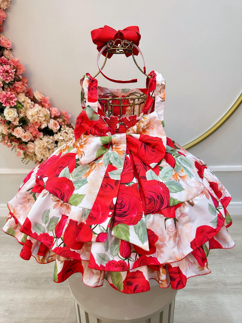 Vestido Infantil Vermelho Florido Luxo C/ Cinto de Pérolas