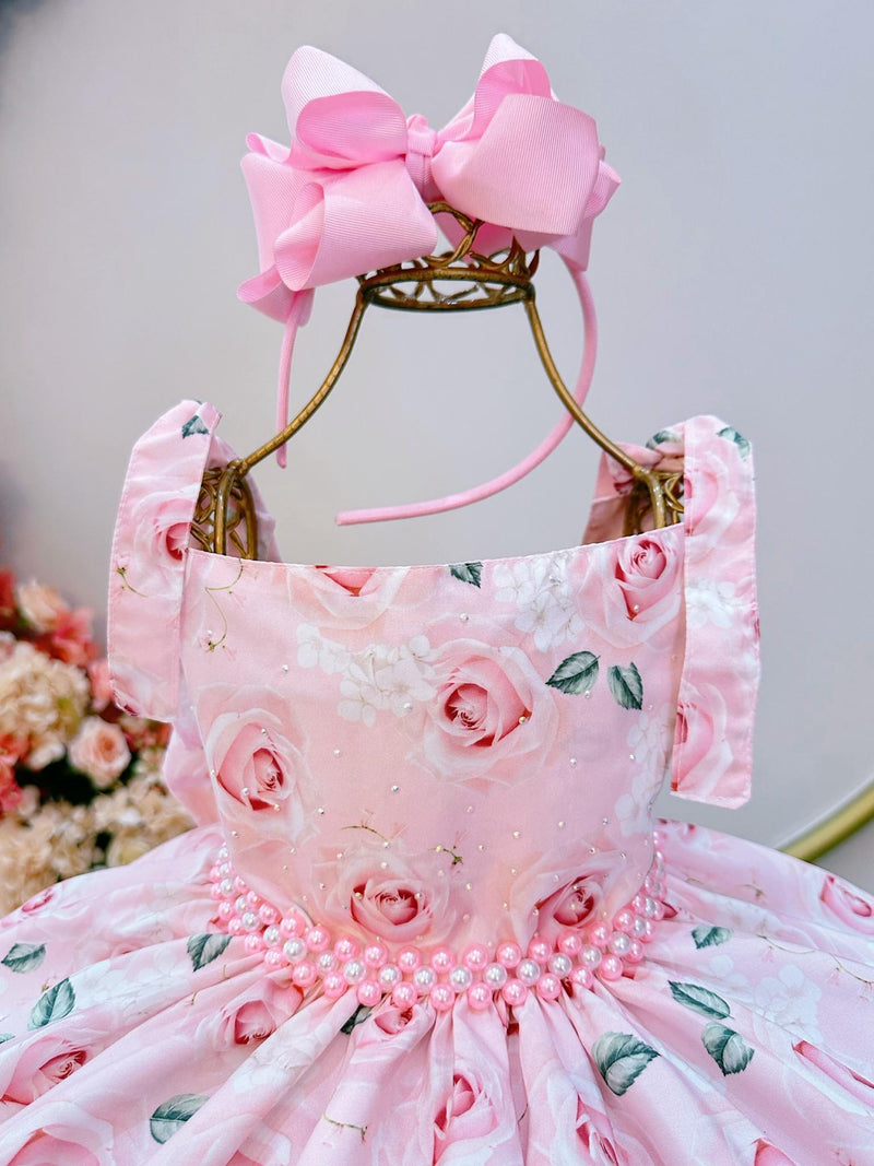 Vestido Infantil Rosa Bebê Flores Rosas C/ Cinto de Pérolas