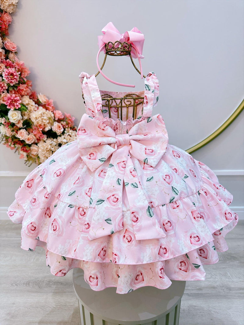 Vestido Infantil Rosa Bebê Flores Rosas C/ Cinto de Pérolas