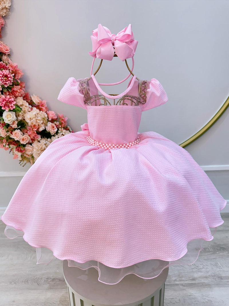 Vestido Infantil Rosa Bebê Maquinetado C/ Cinto de Pérolas