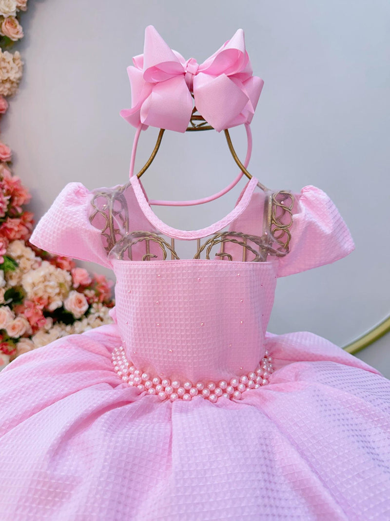 Vestido Infantil Rosa Bebê Maquinetado C/ Cinto de Pérolas