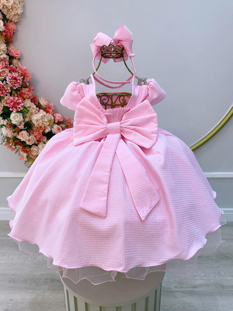 Vestido Infantil Rosa Bebê Maquinetado C/ Cinto de Pérolas