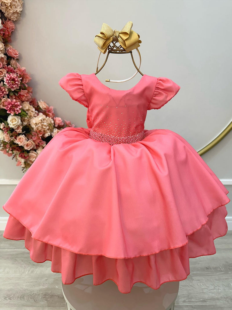 Vestido Infantil Goiaba Luxo C/ Busto e Cinto de Strass